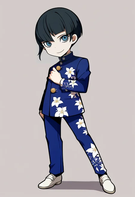 score_9, score_8_up, score_7_up, source_anime, BREAK, solo, 1boy, looking at viewer, smile, <lora:PQ-Style-pdxl_Fp:1>, simple background, full body, chibi, standing, <lora:SmtV-Protag-pdxl_Fp:1>, smtvprotag, bob cut, blunt bangs, black hair, blue eyes, school uniform, blue pants, floral print, long sleeves, single sidelock, androgynous,