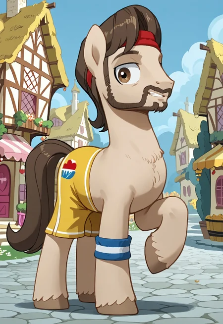 safe_pos, safe_pos, score_9, score_8_up, score_7_up, rating_nsfw, ultra hd, absurdres, solo, masterpiece, best quality, best aesthetic, Expressiveh, wolfconf,

MLPAce, ace_facialhair, ace_brownhair, facial hair, headband, pony, earth pony, body, yellow shorts, blue wristband, looking at viewer, ponyville