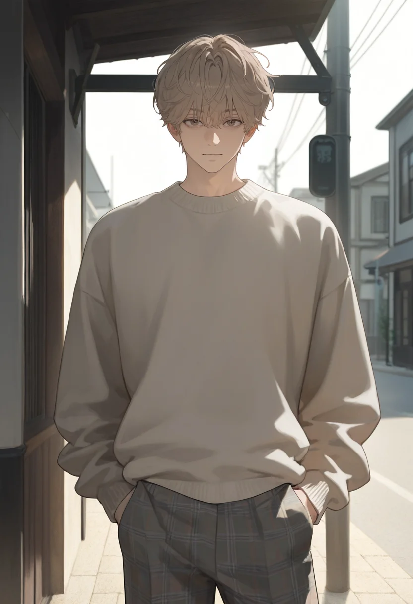 masterpiece,best quality,amazing quality,very aesthetic,absurdres,newest,Volumetric Lighting,available light,highres,realistic shadows,1boy,male focus,solo,light brown hair,curly hair,short hair,sweater,plaid_pants,pose,outdoors,day,street,<lora:handsome_guy_style_2:0.6>,<lora:trt_v0.3_noobai_cwhj:0.7>,
