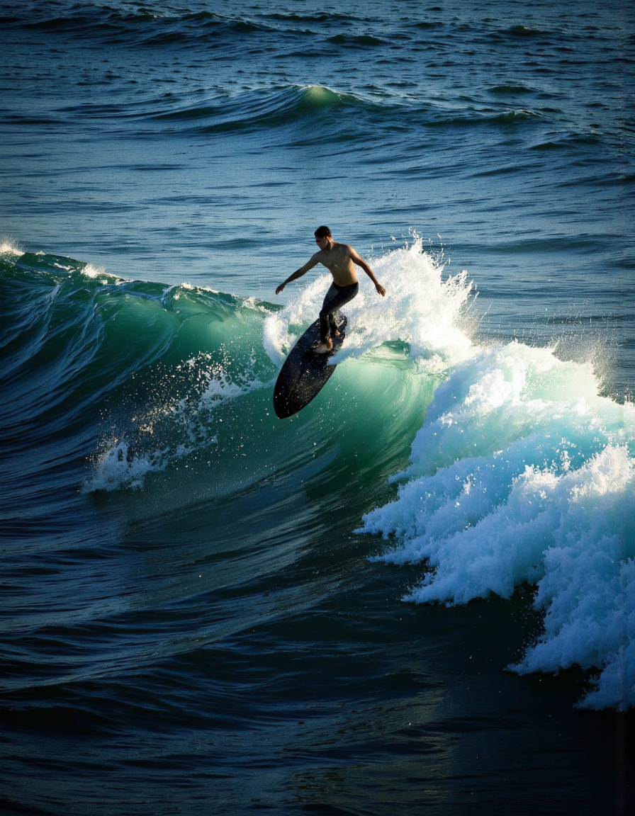 wavefun. A photo-realistic shoot from a bird's eye view about a silhouette of a surfer riding a large wave in the ocean at night. the image also shows a powerful wave breaking in the middle of the image, creating a dynamic and vibrant scene. on the center of the frame, a young man, who appears to be in his early twenties, is standing on a black surfboard, facing away from the camera, with his full body visible. he is wearing a black wet suit, and his face is not visible due to the wet suit. the man is completely nude, with no clothing or accessories on. he has short hair and a slim body. the background shows a deep blue ocean with small waves, and the lighting is dramatic, highlighting the contours of the water and creating a sense of depth and movement. <lora:Wind_&_waves_:0.8>