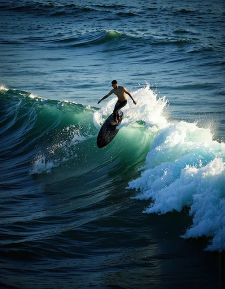 wavefun. A photo-realistic shoot from a bird's eye view about a silhouette of a surfer riding a large wave in the ocean at night. the image also shows a powerful wave breaking in the middle of the image, creating a dynamic and vibrant scene. on the center of the frame, a young man, who appears to be in his early twenties, is standing on a black surfboard, facing away from the camera, with his full body visible. he is wearing a black wet suit, and his face is not visible due to the wet suit. the man is completely nude, with no clothing or accessories on. he has short hair and a slim body. the background shows a deep blue ocean with small waves, and the lighting is dramatic, highlighting the contours of the water and creating a sense of depth and movement. <lora:Wind_&_waves_:0.8>