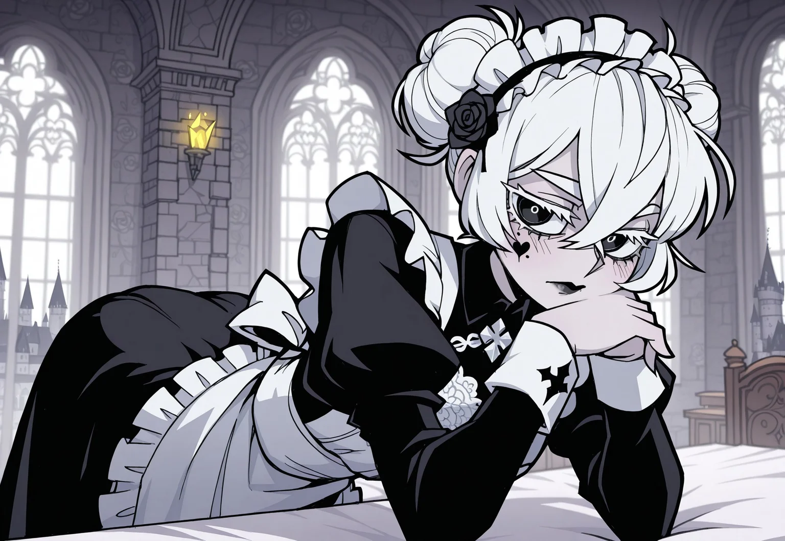 safe_pos, masterpiece, best quality, 1girl, solo, maid, maid apron, black dress, long sleeves, maid headdress, white embroidery, (intricate pattern:1.1), rose ornament on hair, glowing white hair, white eyelashes, white eyebrows, pale skin, black eyes, black lips, black heart tattoo on one cheek, short hair, messy bun, double bun, goth makeup, cute pose, indoors, castle,
vanripper