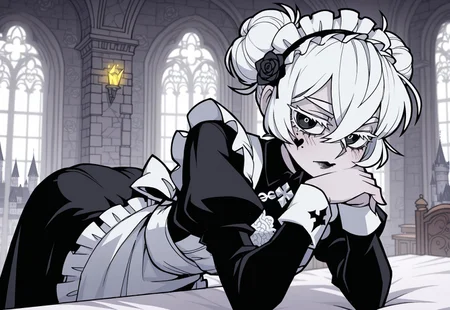 safe_pos, masterpiece, best quality, 1girl, solo, maid, maid apron, black dress, long sleeves, maid headdress, white embroidery, (intricate pattern:1.1), rose ornament on hair, glowing white hair, white eyelashes, white eyebrows, pale skin, black eyes, black lips, black heart tattoo on one cheek, short hair, messy bun, double bun, goth makeup, cute pose, indoors, castle,
vanripper