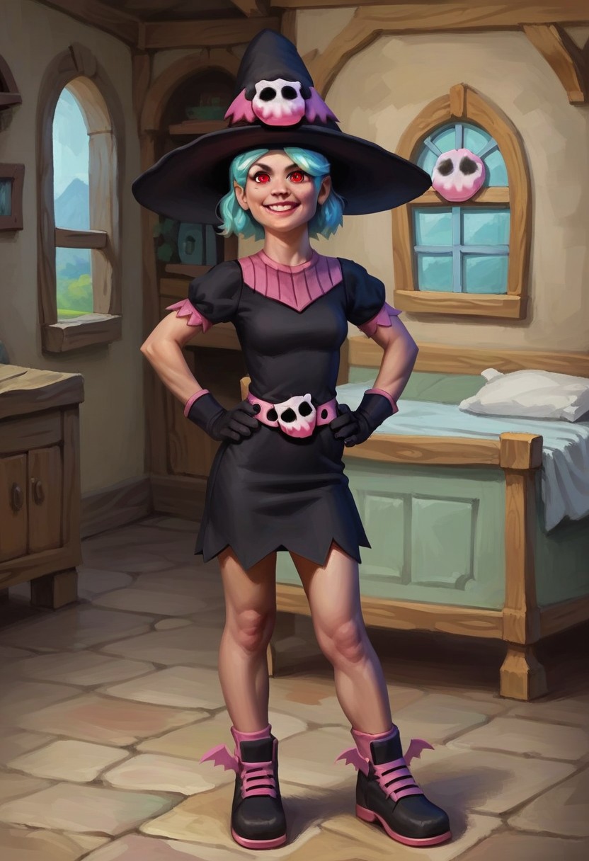 score_9_up, score_8_up, score_7_up, score_6_up, solo, 1girl, Wendalyn_WW, witch hat, red eyes, black dress, pink belt, black gloves, black and pink footwear, short multicolored hair, aqua hair, adult, skull, smile, hands on hips, (standing in a quaint cottage), (realistic, painted art)