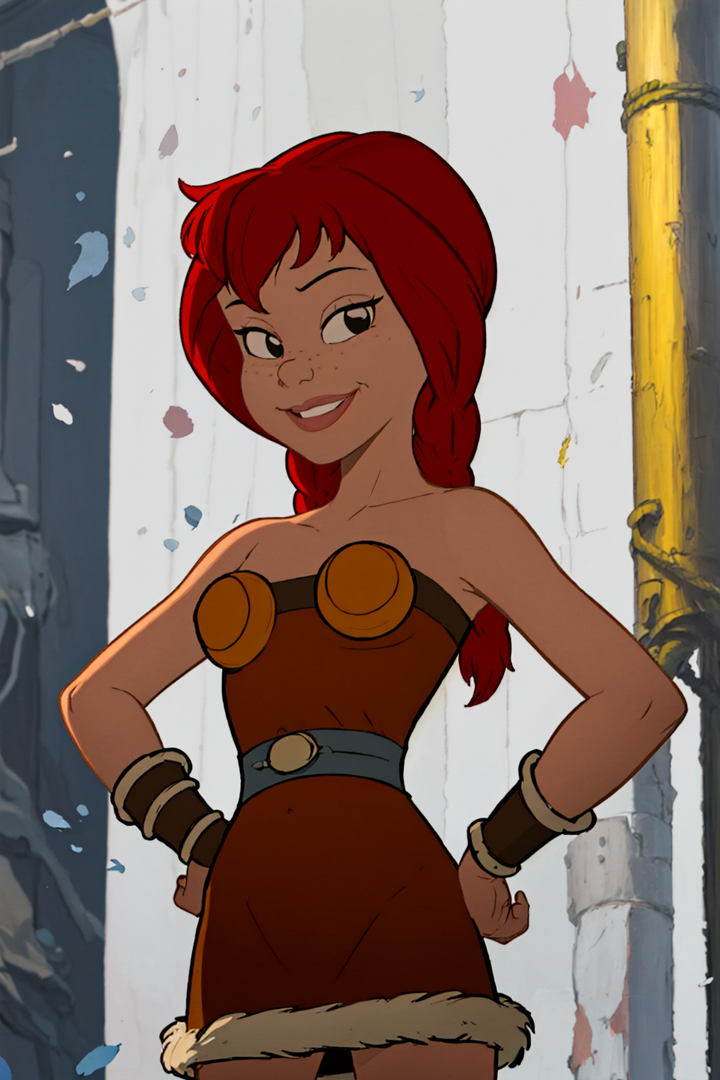 <lora:Abba1.0:0.8> abba, 1girl, solo, breastplate, smile, dress, strapless, breasts,upper body, bracer,hand on own hip, looking at viewer, standing, black eyes
