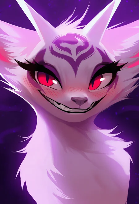 masterpiece, 1girl, red eyes, wide smile, blush, dark purple background, seductive gaze, The most striking feature is the face's wide, exaggerated grin, featuring a row of sharp, white teeth that form a zigzag pattern, giving it a menacing yet playful appearance,
<lora:Maid Magic_Furry-V1:0.7>