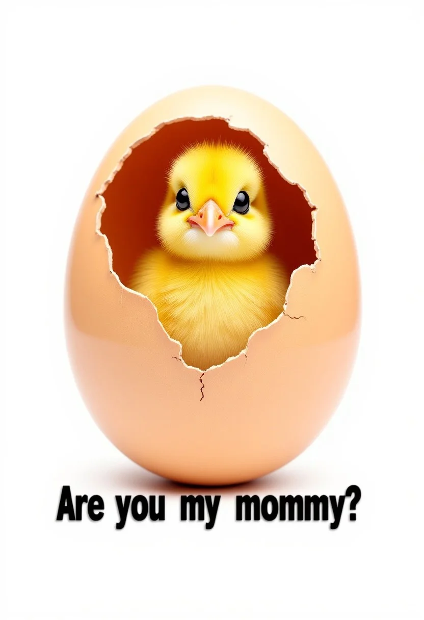 A zoomed-in image of an egg, cracked open at the top. A little fluffy yellow chick appears out of the egg. A large bit of egg shell is still on her head. She is looking straight at the viewer. She is looking very cheerful but also a little confused. At the bottom of the picture is a text that reads: "Are you my mommy?"