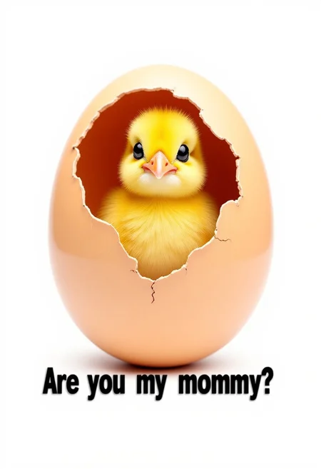 A zoomed-in image of an egg, cracked open at the top. A little fluffy yellow chick appears out of the egg. A large bit of egg shell is still on her head. She is looking straight at the viewer. She is looking very cheerful but also a little confused. At the bottom of the picture is a text that reads: "Are you my mommy?"