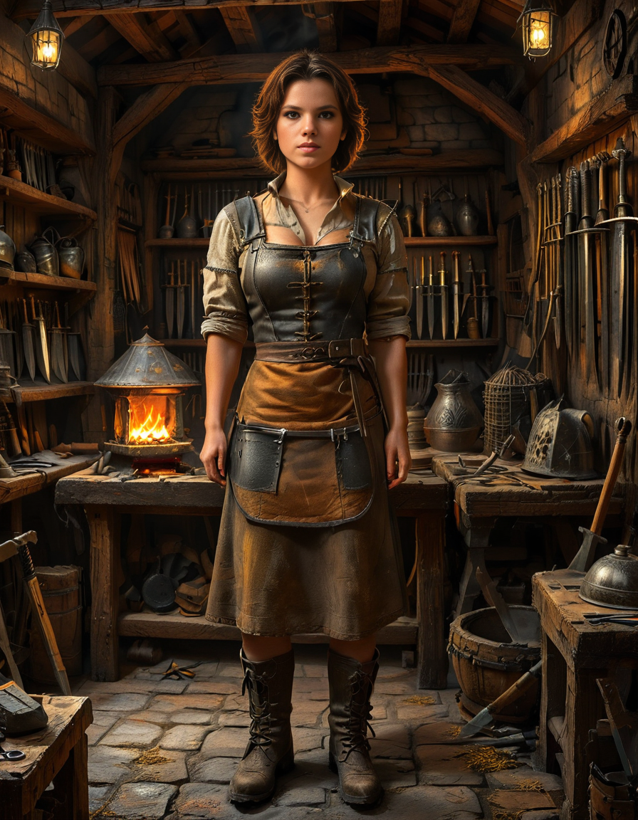 looking at viewer,(A strong and elegant female,1girl,short brown hair,medium breasts:1.3), blacksmith standing confidently in her medieval forge shop,medieval f0rg3 sh0p. She has a determined expression on her face, with soot and ash lightly marking her skin. She is wearing a thick leather apron with scorch marks, a rolled-up linen shirt underneath, and sturdy boots. Her muscular arms are visible, showing the strength of her craft. The background shows a dimly lit, rustic workshop filled with medieval tools: an anvil, a glowing furnace, hanging tongs, and shelves lined with metallic objects like swords and horseshoes. The warm orange glow of the fire contrasts beautifully with the dark, shadowy corners of the shop. The atmosphere is filled with details of realism, evoking a sense of hard work and medieval craftsmanship.<lora:SDXLFaeTastic2400:0.4> <lora:extremely_detailed:0.4> extremely detailed, <lora:medieval_f0rg3_sh0p:1>, Masterpiece,best quality,hi res,8k,hi res,8k,award winning,(sharp focus, intricate, highly detailed),