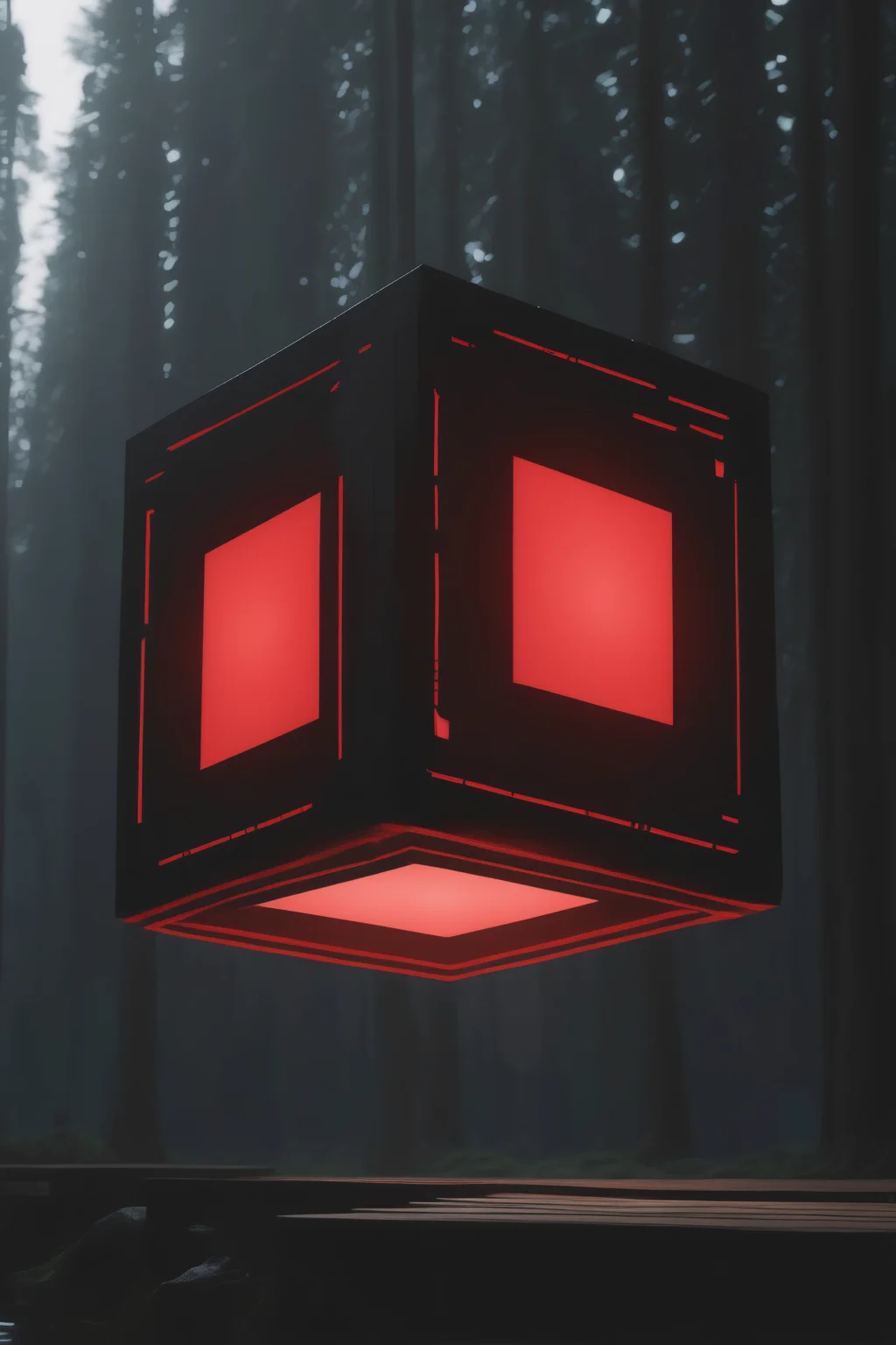 <lora:Levitating Cube:1>Levitating Cube - a red light that is on top of a wooden structure