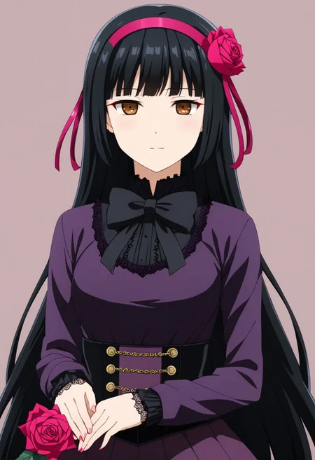 1girl, solo, kurobane_sakura, looking at viewer, black hair, very long hair, brown eyes, expressionless, gothic, hairband, rose, best quality, masterpiece