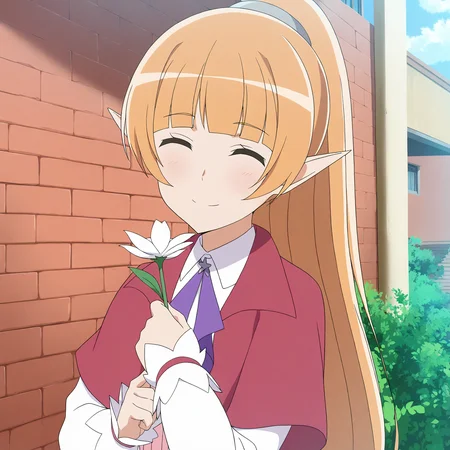 <lora:Lefiya-000018:0.7>Lefiya,solo,looking at viewer,normal suit,light blush,smile,closed eyes,hand over,holding flower,outdoors,