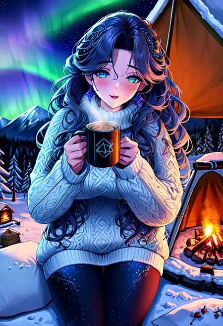 4K, HQ, High detail, intricate detail,Masteful! Beautiful! of a mature woman with a cozy white sweater with blue details and polar leggings in a camp by a fire place offering a mug of hot cocoa to the camera, rainbow long intricate wavy hair, outside, nature background, night, sky full of star, big shinning full moon, aurora borealis, tent in the background,