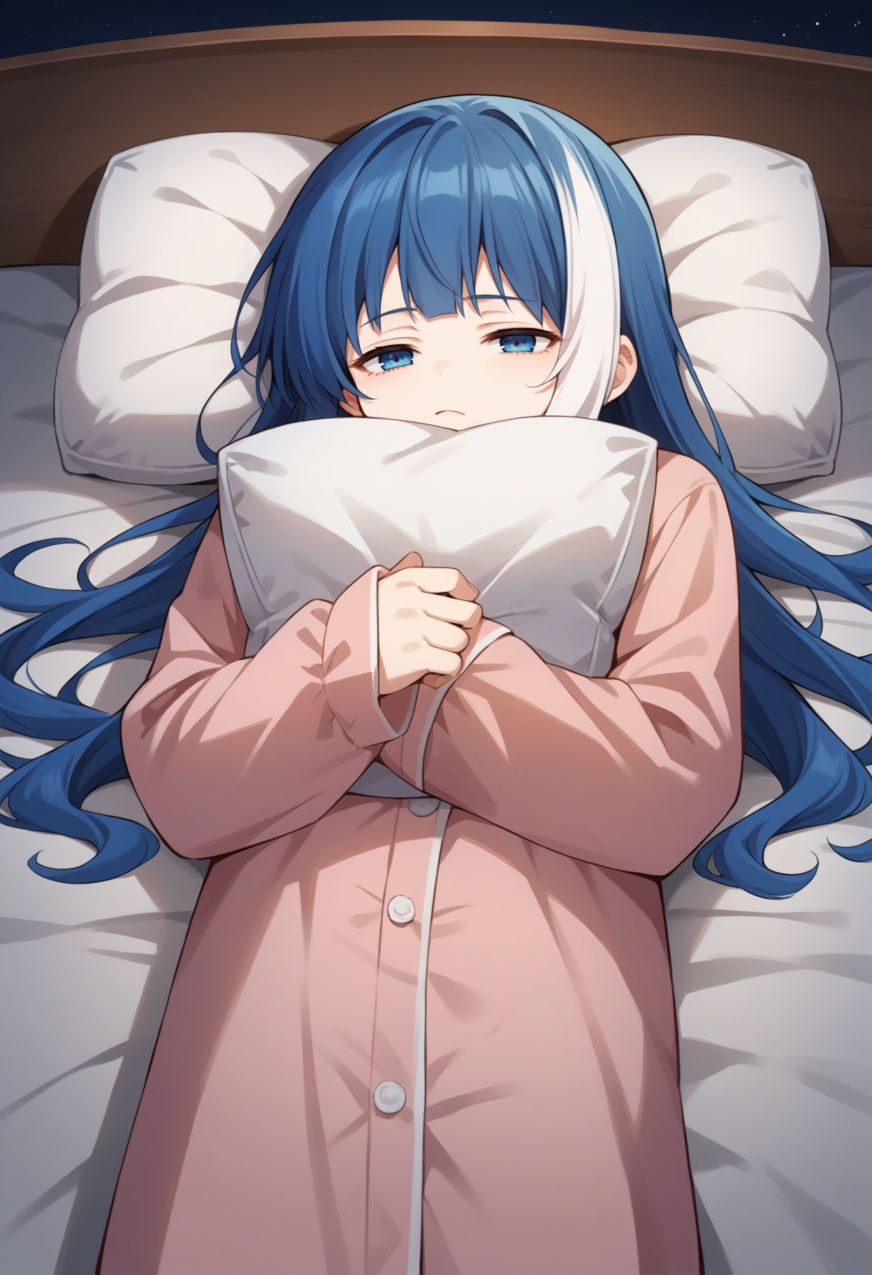 score_9, score_8_up, source_anime, 1girl, solo, MutsumiYozakura, long hair, streaked hair, on bed, sleepwear, pajamas, night, tired, on back, lying, pillow hug, pillow, <lora:ChamMutsumiYozakuraPonyXL:1>