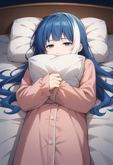 score_9, score_8_up, source_anime, 1girl, solo, MutsumiYozakura, long hair, streaked hair, on bed, sleepwear, pajamas, night, tired, on back, lying, pillow hug, pillow, <lora:ChamMutsumiYozakuraPonyXL:1>