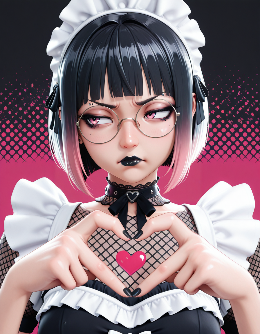 (masterpiece, best quality, ultra-detailed, absurdres, newest, detailed textures, correct anatomy:1), splatter, Halftone_background, geometric_background, looking to the side, black hair, pink tips, multicolored hair, gradient hair, pink eyes, round eyewear, short hair, blunt bangs, chin piercing, eyebrow piercing, annoyed, fishnet top, goth makeup, black lips, <lora:CivChan:0.7>, civchan, maid headdress, choker, goth punk, heart hands, black nails, detailed_hands, elegant_fingers, <lora:RyanreosILv4:0.25>, ryanreos, 3D, <lora:MikaDawn3D_-_3D_Style_Illustrious:0.25>, MikaDawn3D, drawn outlines, 2d/3d hybrid, <lora:3D_Crayon:0.25>, <lora:B8M8-Illustrious:0.25>, b8m8