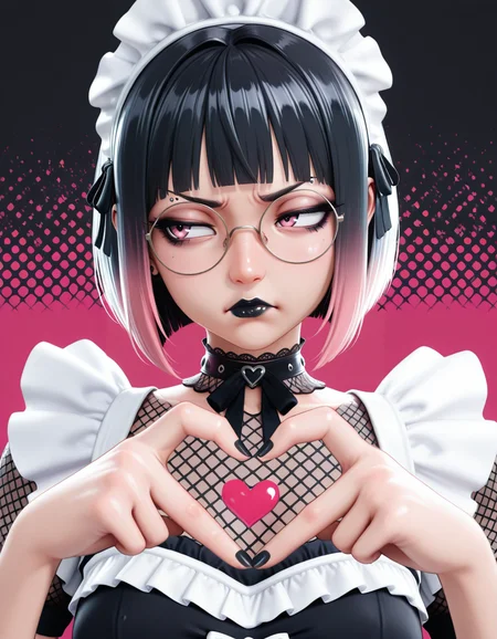 (masterpiece, best quality, ultra-detailed, absurdres, newest, detailed textures, correct anatomy:1), splatter, Halftone_background, geometric_background, looking to the side, black hair, pink tips, multicolored hair, gradient hair, pink eyes, round eyewear, short hair, blunt bangs, chin piercing, eyebrow piercing, annoyed, fishnet top, goth makeup, black lips, <lora:CivChan:0.7>, civchan, maid headdress, choker, goth punk, heart hands, black nails, detailed_hands, elegant_fingers, <lora:RyanreosILv4:0.25>, ryanreos, 3D, <lora:MikaDawn3D_-_3D_Style_Illustrious:0.25>, MikaDawn3D, drawn outlines, 2d/3d hybrid, <lora:3D_Crayon:0.25>, <lora:B8M8-Illustrious:0.25>, b8m8