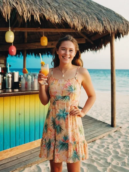 Analog photo of a woman looking like Daisy_Carmichael_P_MXAI_SDXL , laughing expression, wearing a summer dress, standing at a beach bar, tropical resort, colorful cocktails, golden hour,