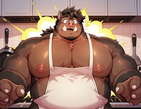 1boy,solo,wild boar,tail,furry male,furry,anthro,mature male,huge male,old male,musclegut,muscular male,handsome,
oil painting \(merdium\),[takahirosi],
yangyang,furry,wild boar,(overweight:1.2),bara,short hair,ponytail,
(big eyes:1.5),(detail eyes:1.2),short hair,low ponytail,fangs,
thick biceps,huge pecs,pecs,chest tuft,belly,
swollen nipples,large nipples,detailed areolas,
only apron,
(surprised:1.5),open mouth,kitchen,
<lora:Explosion Artstyle - Trigger is Explosion Artstyle:1.4>,Explosion Artstyle,Explosion Artstyle coming from pot,
BREAK
very awa,SmoothNoob_Quality,BaseStyle-vPred09Rv4,masterpiece,absurdres,highres,perfect anatomy,high quality,newest,best quality,very aesthetic,bara,explicit,nsfw,detailed fur texture,
mature male,handsome,claws,5fingers,
<lora:illustriousXLv01_stable_dark_v0.3:0.4>,
<lora:0takas:0.7>,(takahirosi),<lora:yangyang:1>,<lora:koku-style-v2:0.5>,k0k0b001ll,