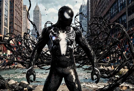 symbiote suit, black suit, black, venom logo, black mask, white eyes, white patches on hands, black webs, skinny, single, symbiote web, swinging across New York, New York City, Central Park
