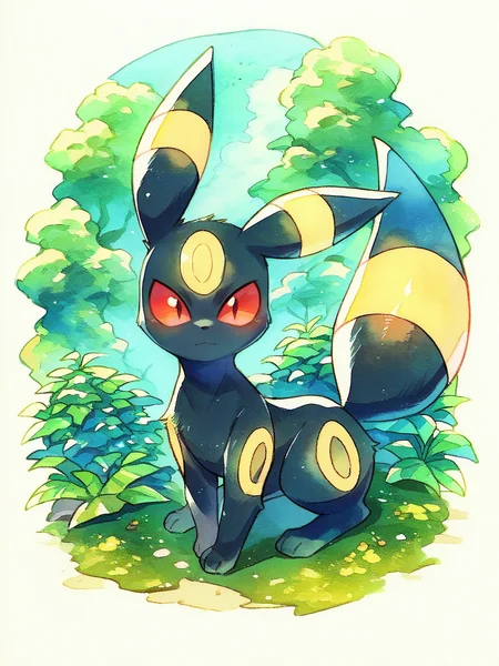 score_9, score_8_up, score_7_up, score_6_up, score_5_up, <lora:ohr_cnXLP:1> ohr_cn, solo, traditional media, watercolor (medium), no humans, pokemon \(creature\), umbreon,