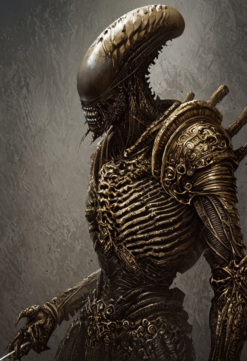 score_9, score_8_up, score_7_up, score_6_up, score_5_up, score_4_up,<lora:Fant5yP0ny:0.8>, xenomorphic creature from Lords of the Fallen, black templar armor, gold sword of Pieta, solo, gold eyes, blood on face, art by hr giger, ornamental armor, bronze cuirass