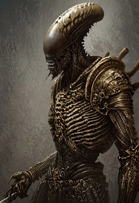 score_9, score_8_up, score_7_up, score_6_up, score_5_up, score_4_up,<lora:Fant5yP0ny:0.8>, xenomorphic creature from Lords of the Fallen, black templar armor, gold sword of Pieta, solo, gold eyes, blood on face, art by hr giger, ornamental armor, bronze cuirass