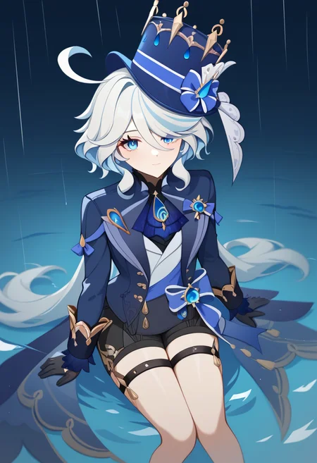 score_9,score_8_up,score_7_up,<lora:furina_(genshin_impact)_pony:1>,brooch,rain,hair_over_one_eye,sitting,thigh_strap,1girl,water,highres,furina_\(genshin_impact\),blue_jacket,long_sleeves,blue_hat,top_hat,white_shirt,commentary_request,looking_at_viewer,solo,blue_ascot,thighs,black_gloves,ripples,