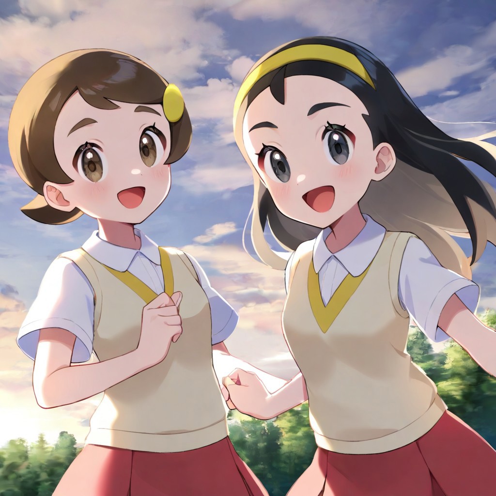 2d, masterpiece, best quality, amazing quality, highres, absurdres, newest, 2girls, standing, smile, open mouth, cowboy shot, upper body, sky, clouds, woods, nature, teammates \(pokemon\), senpai, long hair, black hair, black eyes, yellow hairband, kohai, short hair, brown hair, brown eyes, hairclip, collared shirt, short sleeves, beige sweater vest, red skirt, miniskirt,,masterpiece,best quality,newest,absurdres,highres,very awa