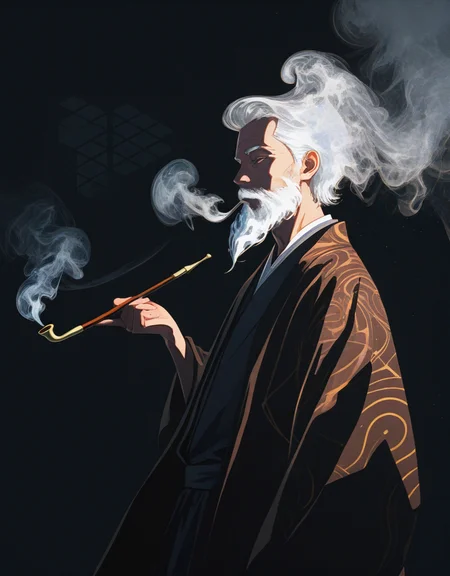 Smooth Quality, masterpiece, best quality, ultra-detailed, absurdres, newest, 
<lora:made_of_smoke_IL-10:1>, 
made_of_smoke, translucent body, wisps of smoke, 
1boy, (((smoke hair, smoke beard))), smoking pipe, holding pipe, blowing smoke, solo male, <lora:hwm4to7A3IFRHPR:0.25>, abstract background, 7a3ifrhpr_illu, ligne claire, abstract background, dynamic pose, abstract element, <lora:kafka02_illu:0.25>, kafka02_illu, abstract character, <lora:berryverrine_2:0.25>, b3rr1_illu, abstract, minimalism, geometric shapes, surreal composition, <lora:Mika:0.25>, old man, haori