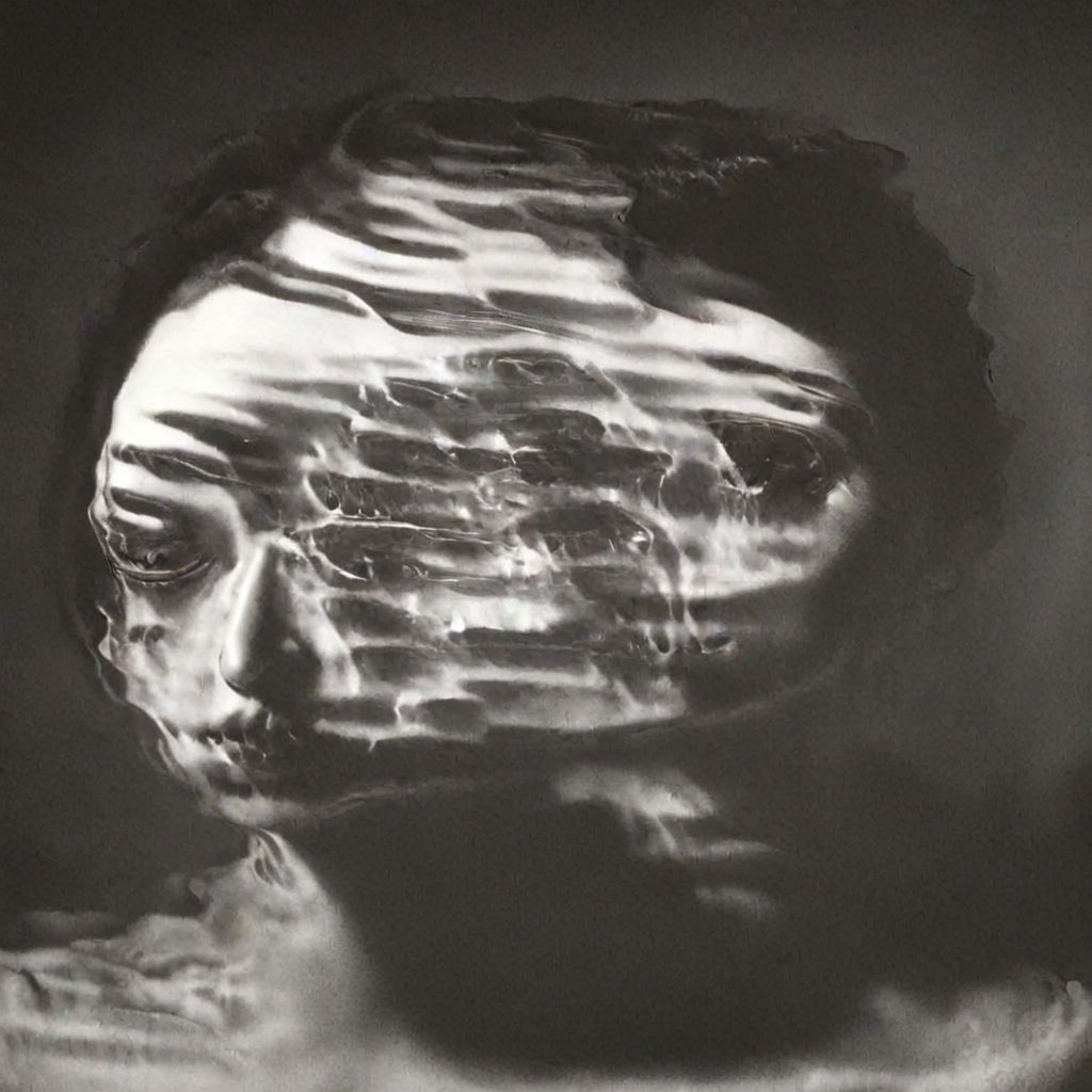 A close-up left facing profile portrait, a beautiful brunette woman made of glass, colorful light from hoph fibration bundles dramatically distorting her features