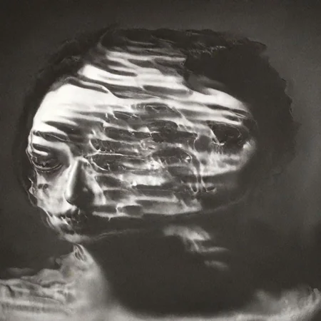 A close-up left facing profile portrait, a beautiful brunette woman made of glass, colorful light from hoph fibration bundles dramatically distorting her features