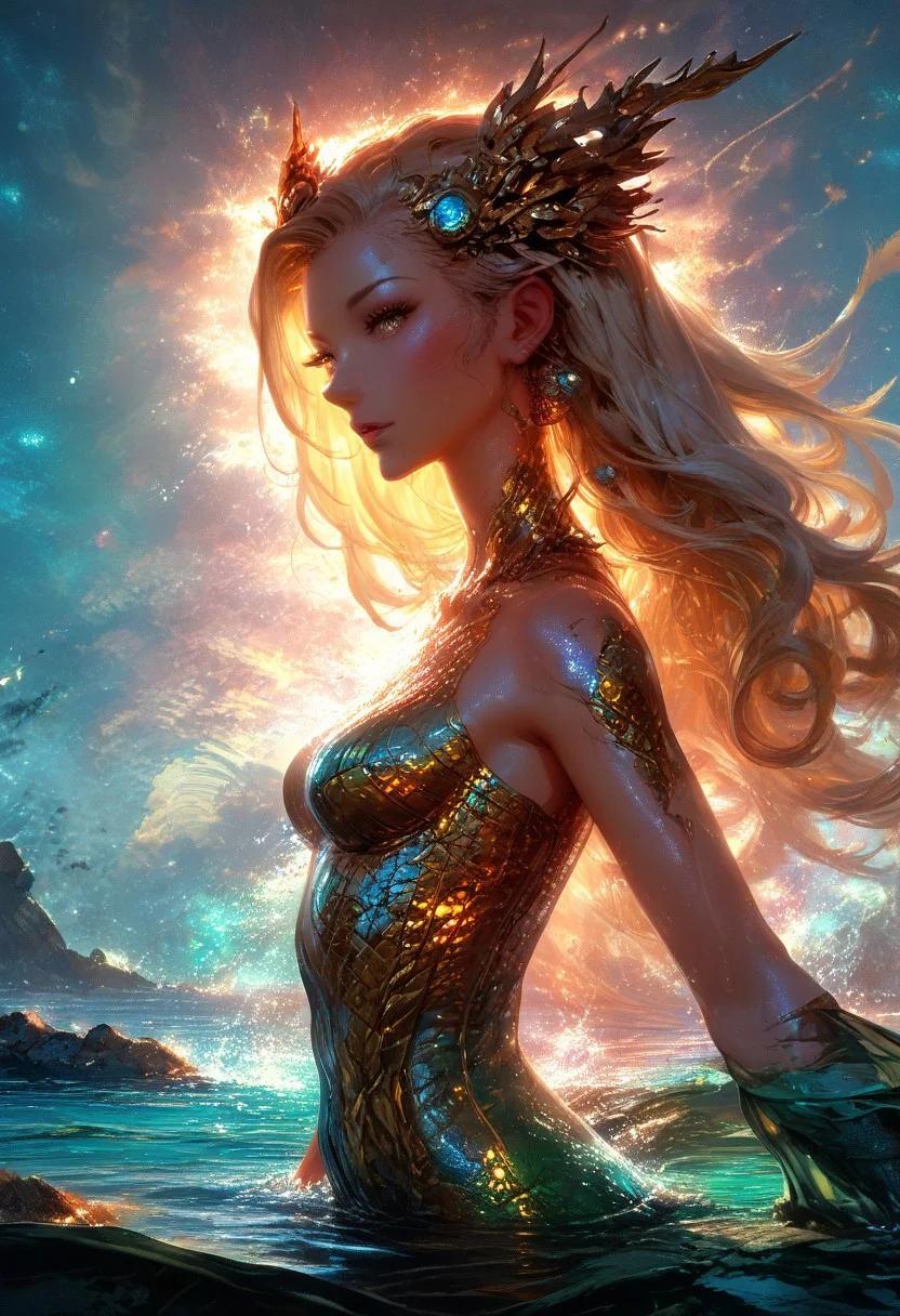 (score_9, score_8_up), score_7_up, zPDXL, solo, zPDXL3, <lora:MythAnim3Style:0.8>, MythAn1m3, character, source_anime, 1girl, mermaid, Iridescent eyes, aquatic scene, dreamlike atmosphere, mystical, ethereal light, detailed textures, whimsical, rippling, dripping, water element, very long cascading hair, water, very beautiful, sexy, sexy body, beautiful body, scales, wet body, Iridescent scales, bubbles, water drops, Iridescent skin, multi colored eyes, partially underwater shot, bioluminescent skin, bioluminescent, glowing, bioluminescent scales, bioluminescent hair, bioluminescent scales, FastNegativeV2, laser light clothes, submerged breast, water line on lense, view from under water, waterline, great lighting, seashells details, metallic details, hair ornaments, gems, sunset, bioluminescent tattoos, coastal landscape background, long hair braids, wet transparent clothing, translucent clothing, bodysuit with flowing sleeves, dark hair