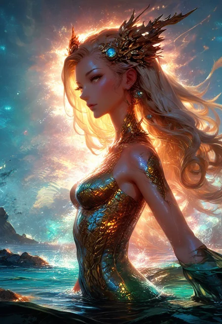 (score_9, score_8_up), score_7_up, zPDXL, solo, zPDXL3, <lora:MythAnim3Style:0.8>, MythAn1m3, character, source_anime, 1girl, mermaid, Iridescent eyes, aquatic scene, dreamlike atmosphere, mystical, ethereal light, detailed textures, whimsical, rippling, dripping, water element, very long cascading hair, water, very beautiful, sexy, sexy body, beautiful body, scales, wet body, Iridescent scales, bubbles, water drops, Iridescent skin, multi colored eyes, partially underwater shot, bioluminescent skin, bioluminescent, glowing, bioluminescent scales, bioluminescent hair, bioluminescent scales, FastNegativeV2, laser light clothes, submerged breast, water line on lense, view from under water, waterline, great lighting, seashells details, metallic details, hair ornaments, gems, sunset, bioluminescent tattoos, coastal landscape background, long hair braids, wet transparent clothing, translucent clothing, bodysuit with flowing sleeves, dark hair
