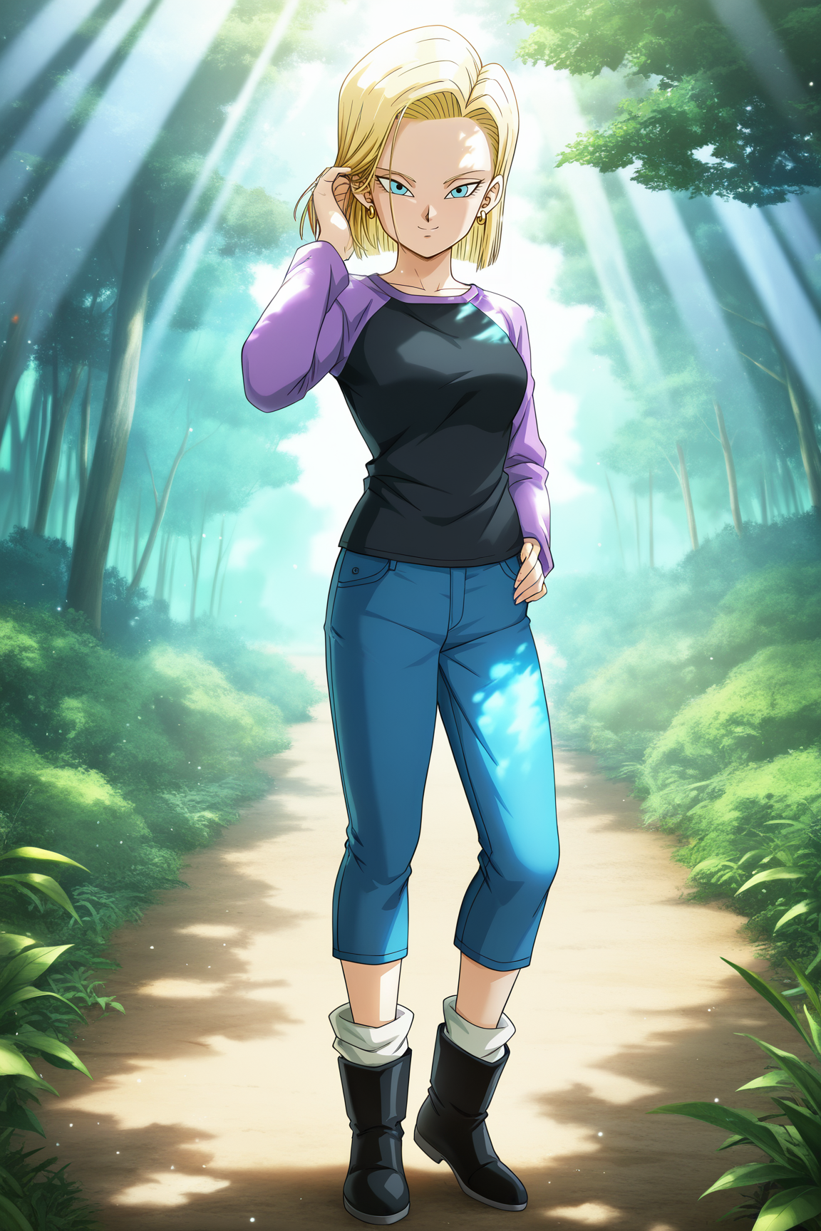 masterpiece, best quality, amazing quality, very aesthetic, absurdres, newest, (scenery, volumetric lighting), dappled sunlight, light particles, light rays, lens flare, android 18, dbs_casual, 1girl, solo, smile, short hair, blue eyes, blonde hair, shirt, long sleeves, jewelry, standing, full body, earrings, pants, denim, jeans, adjusting hair, black shirt, purple sleeves, black footwear, raglan sleeves, boots, hand on hip, hand in own hair, loose socks, white socks, blue pants, capri pants <lora:android_18_v3-10:0.8>