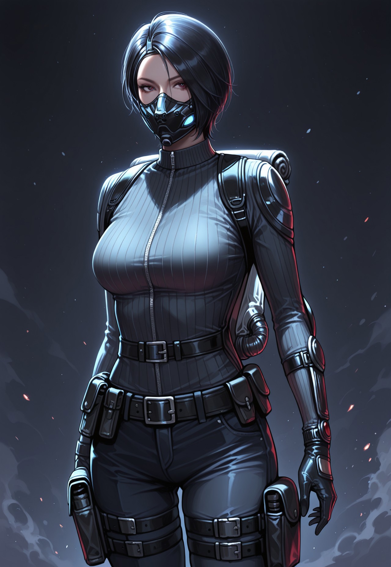masterpiece, best quality, detailed, realistic, cowboy shot, 1girl, solo, Yamata, short hair, black hair, mask, sweater, elbow pads, gloves, pants, belt, pouch, thigh holster, backpack,