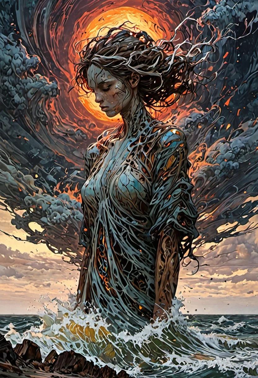 Pastel zbrush render of Paquetá Island. vintage style design, under the blazing sun. Their faces, blistered and sunken, show no hope as they fall to the ground, defeated by a world stripped of life and water. with shadows loom, all interwoven dark corridor with black walls, and the dim lighting softly reflects off her porcelain figure. glitched wavy distortions, non-representational, colors and shapes, expression of feelings, imaginative, model, to create a sense of rhythm and flow. Heather Theurer, The sky above ripples like water, great lighting, fenliexl, mixed media, surrealism, otclillsn, FRESHIDEAS Real Photography 2#