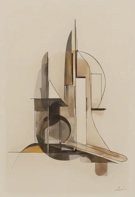 (abstract building painting, brutalist architecture, BROWN AND DARK GREY color palette, curve, circle, ellipse, core), AK, abstract, deconstruction, geometry, geometric composition,paint painting,harmonious colors, black frame,rectangle, tilt, flat painting, framex, horizontal, Constructivism, Fauvism,