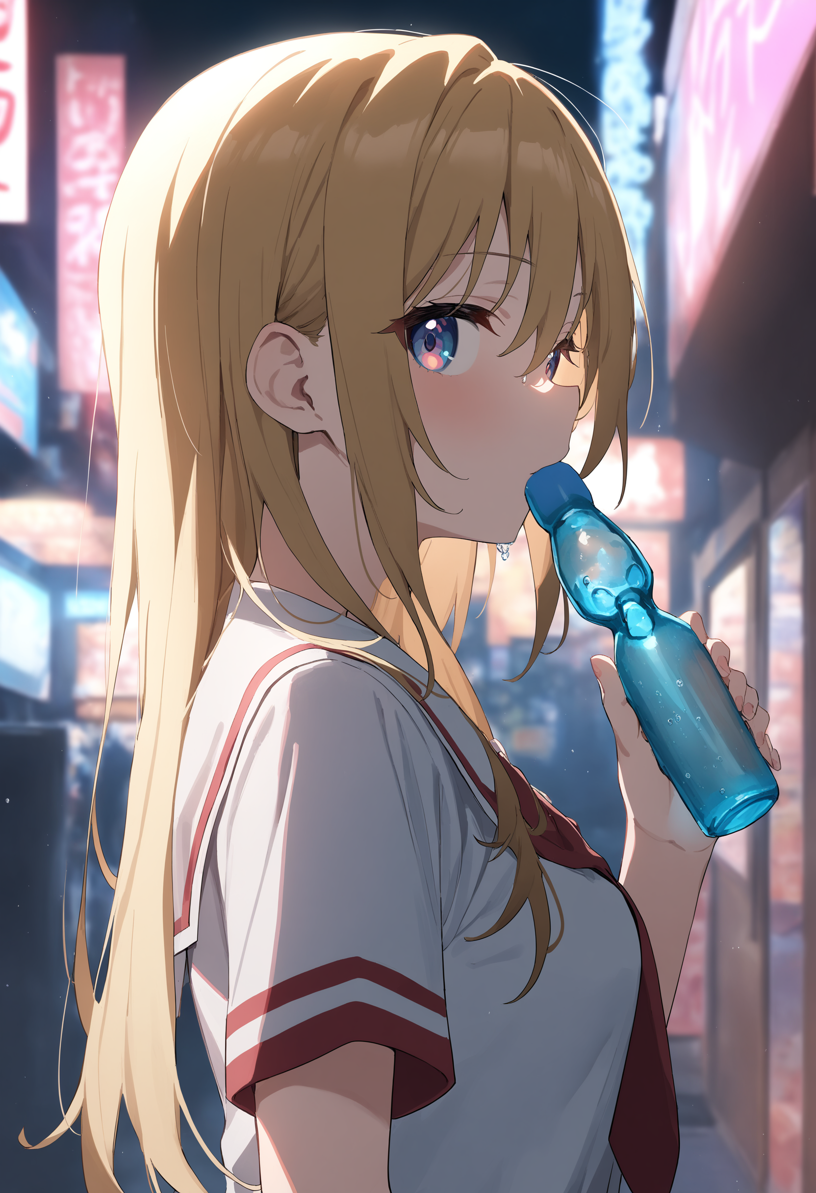 1girl,sincos, ningen mame, toosaka asagi,solo,medium breasts,school uniform,short sleeves,
ramune, holding bottle,<lora:ramune_XL_v1:0.9>
from side, portrait, looking back, blonde hair, brown eyes,water eye, rainy night in a cyberpunk city with glowing neon lights, closed mouth,
best quality, very aesthetic, absurdres