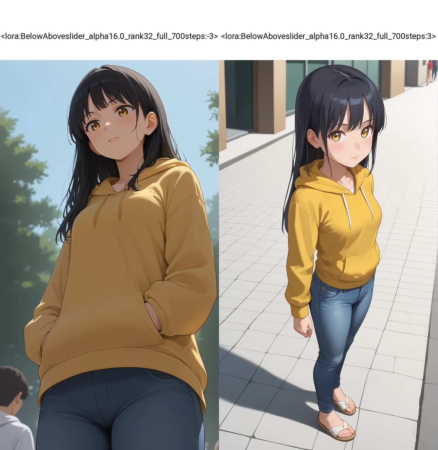 score_9,source_anime,anime style,<lora:Breast Slider - Pony_alpha1.0_rank4_noxattn_last:-0.5>,<lora:Nipple Size Slider_alpha1.0_rank4_noxattn_last:-0.5>,<lora:d3t41l3dXLP:0.35>,<lora:BelowAboveslider_alpha16.0_rank32_full_700steps:-3>,1girl,black hair,long hair,yellow hoodie,medium breasts,outdoors,in public,facing viewer,from front,full body,jeans,denim,