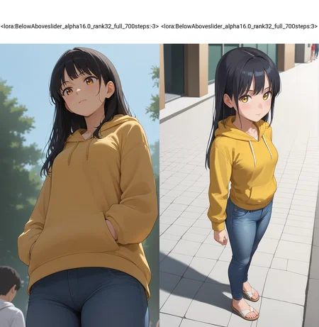 score_9,source_anime,anime style,<lora:Breast Slider - Pony_alpha1.0_rank4_noxattn_last:-0.5>,<lora:Nipple Size Slider_alpha1.0_rank4_noxattn_last:-0.5>,<lora:d3t41l3dXLP:0.35>,<lora:BelowAboveslider_alpha16.0_rank32_full_700steps:-3>,1girl,black hair,long hair,yellow hoodie,medium breasts,outdoors,in public,facing viewer,from front,full body,jeans,denim,