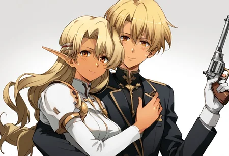masterpiece, best quality, high quality, aesthetic, absurdres, insanely detailed, "1girl,  <lora:sonia_p_v1.5>,pointy ears,dark-skinned female, Dark skin, Dark elf,,blonde hair, medium breasts, long hair,"  "1boy,  white skinned boy holding gun, red eyes, , , gloves, aiming at viewer, handgun,  formal, short hair, blue eyes, hug, white gloves, " blush, hetero, holding, suit, looking at viewer, happy, smiling, revolver, white dress, couple, hands on own chest, ,  frills, long sleeves, serious, upper body, finger on trigger, firing, bullet hole, half updo, foreshortening, <lora:chuo-higashi-guchi-style-xl_v1.0:1>