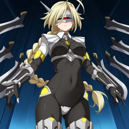 masterpiece, best quality, amazing quality, anime screencap, 1girl, solo, standing, cowboy shot, looking at viewer, <lora:lambda-11:0.9>, lambda-11, blonde hair, ahoge, braided ponytail, single braid, visor, covered eyes, one-eyed, black bodysuit, covered navel, arm blade, white shoulder armor, white crotch plate, covered groin, leg armor, floating weapon, floating sword