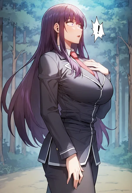 score_9, score_8_up, score_7_up, score_6_up, source_anime, rating_explicit, 1girl, (solo:1.1), huge breasts, <lora:Erzsebet Akalusia prefectPonyxl:0.9> long hair, (mole under eye:0.8), purple hair, black hair, purple eyes, school uniform, black jacket, red necktie, long sleeves, white shirt, collared shirt, black pants, surprised, forest, outdoors, looking away, walking, from side, hand on own chest