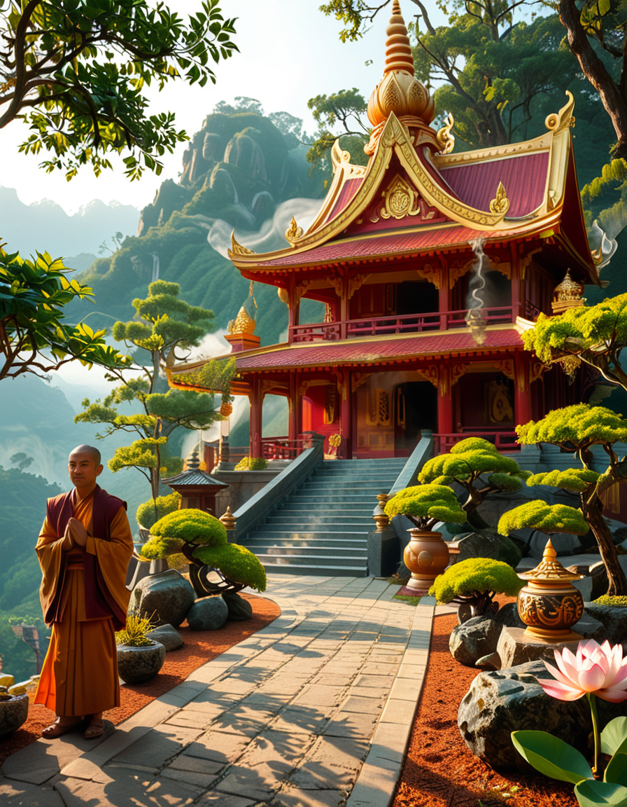 A majestic Buddhist temple nestled in a lush, misty mountain landscape. The temple features traditional curved rooftops with golden ornaments, intricate wooden carvings, and red and gold-painted walls. Large prayer flags in vibrant colors flutter in the wind, adding a spiritual atmosphere. A long stone staircase, partially covered in moss, leads to the main entrance, where a pair of large guardian statues stand watch. The scene is bathed in soft morning light, with gentle rays filtering through the mist, creating a serene and mystical ambiance. The background consists of towering green mountains and a sky with soft pastel hues. In the foreground, a Buddhist monk in deep orange robes walks peacefully along a stone pathway, holding a string of prayer beads. The overall composition conveys a sense of tranquility, spirituality, and harmony with nature.
<lora:SDXLFaeTastic2400:0.4> <lora:extremely_detailed:0.4> extremely detailed,<lora:Buddhist_t3mpl3:1>,Buddhist t3mpl3, Masterpiece,best quality,hi res,8k,hi res,8k,award winning,(sharp focus, intricate, highly detailed),