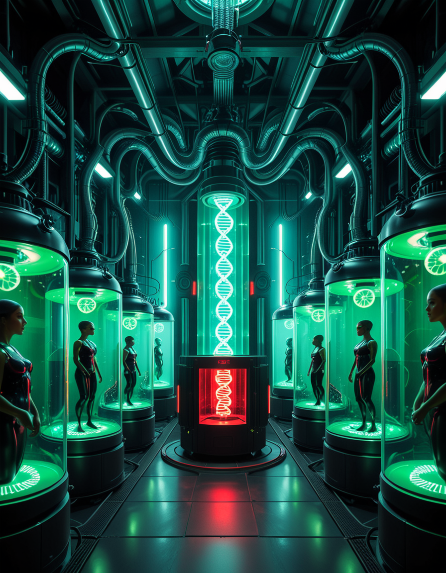 A dark, futuristic cloning laboratory infused with biomechanical horror, inspired by the art of H.R. Giger. The environment is a fusion of cold, industrial metal and pulsating organic structures, where walls seem alive, breathing with a rhythmic pulse of dark energy. The entire facility feels like a fusion of machine and flesh, an eerie cathedral of synthetic life.
At the center of the lab, massive transparent incubation pods line the walls, each filled with a thick, greenish amniotic fluid. Inside, half-formed clones float in various stages of developmentâsome eerily human, others distorted by biomechanical mutations. Tubes and organic cables snake from the ceiling, injecting raw genetic material into the growing bodies, merging artificial and organic components.
A colossal central machine, resembling a fusion of an ancient altar and a high-tech processor, serves as the core of the cloning process. DNA strands, displayed as holographic symbols in glowing red and neon green, shift and mutate in real-time, manipulated by unseen algorithms. Mechanical arms, covered in organic textures, extract samples from fluid-filled glass canisters, feeding the system with raw genetic material.
The dim lighting casts elongated shadows across the ribbed metallic floor, illuminated only by the sickly glow of bio-luminescent veins coursing through the walls. A constant hum of machinery, mixed with the faint sound of heartbeat-like pulsations, fills the air, creating an overwhelming sense of unnatural life in the making.
This is not just a cloning facilityâit is a factory of engineered existence, where the line between science and the grotesque unknown has been erased, birthing life that was never meant to be
<lora:SDXLFaeTastic2400:0.4> <lora:extremely_detailed:0.4> extremely detailed, <lora:futuristic_cloning_l4b0r4t0ry:1>,futuristic cloning l4b0r4t0ry, Masterpiece,best quality,hi res,8k,hi res,8k,award winning,(sharp focus, intricate, highly detailed),