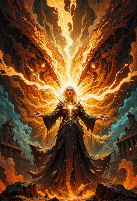 masterpiece, high-quality, hyperdetailed, refined details, best quality, high resolution, An ancient spellcaster, her once-lustrous robes reduced to singed tatters, stands in the epicenter of a colossal magical vortex. Tendrils of arcane lightning pulse and crackle, converging on her outstretched arms. Her eyes glow with otherworldly resolve, yet her face is contorted in anguish as lances of destructive energy pierce her chest. Shimmering streams of her life force arc outward, forging a luminous barrier that holds back an enormous demon clawing at the edges of reality. The background is a cyclone of swirling ash and warping space, fracturing glimpses of ancient towers and twisting them into oblivion. In this one pivotal moment, she sacrifices everything for the world, her every vein lit from within by scorching magical power. Heavy chiaroscuro underscores the dramatic, heroic tragedy of the scene, <lora:FLUX\Anime v1.3:0.5> <lora:FLUX\FLUX-daubrez-DB4RZ:0.3> <lora:FLUX\VividlySurrealOrigin:0.6> <lora:FLUX\PrismaticPersona:0.4>