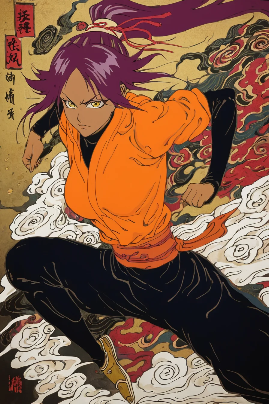 score_9, score_8_up, score_7_up, score_6_up, score_5_up, score_4_up, <lora:yoruichi-shihouin-ponyxl-lora-nochekaiser:0.8> , yoruichi shihouin, long hair, yellow eyes, ponytail, purple hair, dark skin, dark-skinned female,bodysuit, black bodysuit, bodysuit under clothes, orange shirt, long sleeves, <lora:traditional_Japanese_art:1>, traditional japanese art, 1girl, fighting stance, solo, alone, masterpiece, highres