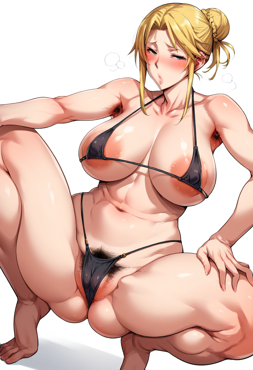 1 girl, solo, musashino style, 
squatting, spread legs, hands on knees, 
looking at the viewer, half closed eyes, blush,
blonde hair, hair bun, 
large breasts,
black bikini, micro bikini, areola slip, cameltoe,
female pubic hair, armpit hair, 
simple background, white background
 <lora:DD-pnte-neg-v1:-1> <lora:last:0.8>, score_9, score_8_up, score_7_up, score_6_up, score_5_up, score_4_up,