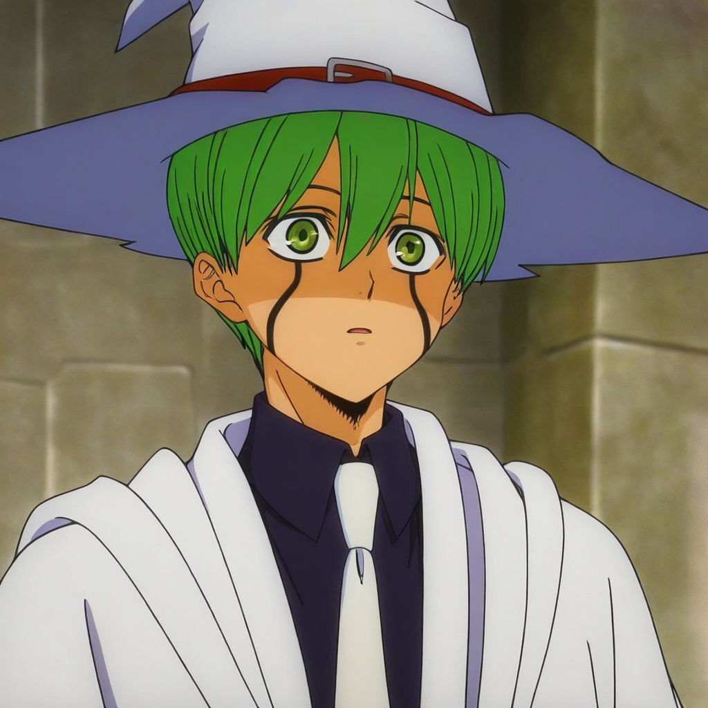 facial mark, bangs, green eyes, solo, short hair, 1boy, green hair, male focus